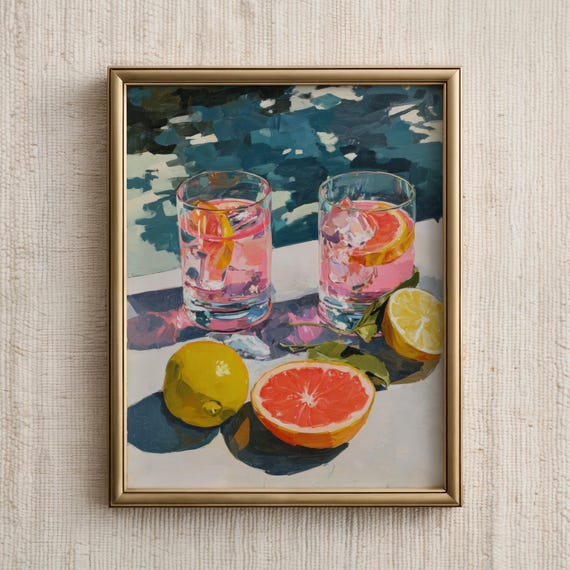 Kitchen Wall Art Pink Drink Lemon Grapefruit Bar Poster Summer Beverage Retro Citrus Print Fresh Decor