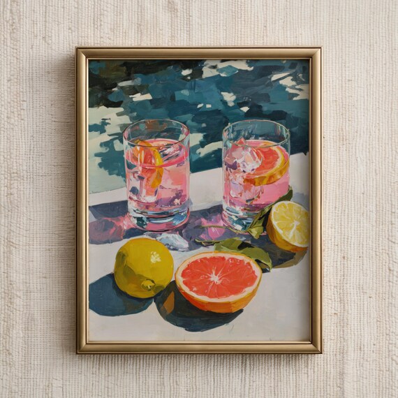 Pink Grapefruit Lemonade Glasses Summer Citrus Drink Painting Print