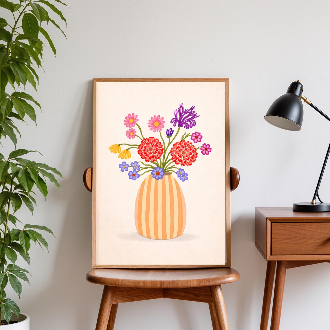 Colorful Wildflowers in Orange Striped Vase Poster Naive Folk Floral Still Life Art