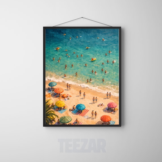 Aerial Ocean Swimmers Poster Summer Beach Crowd From Above Coastal Art