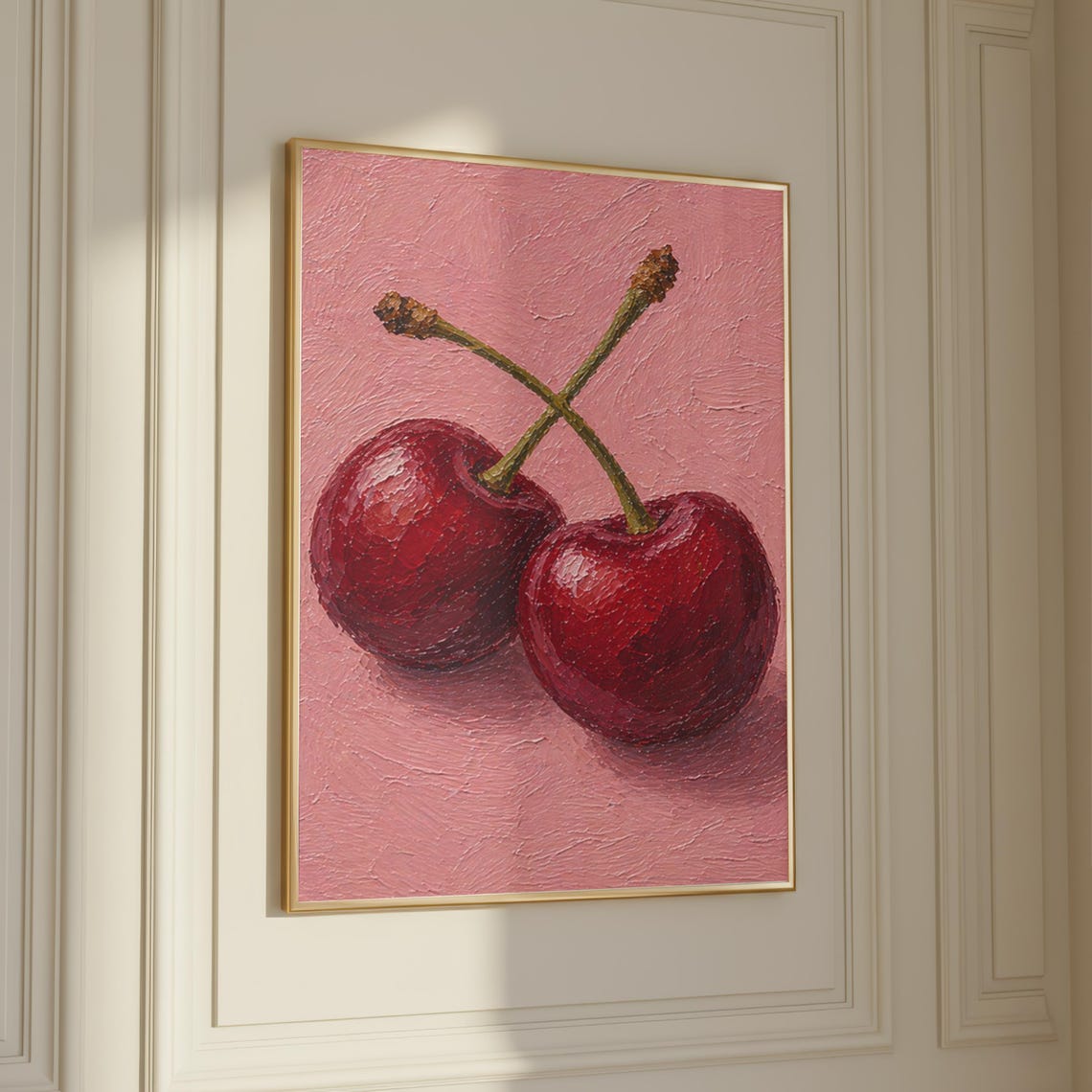 Two Cherries Textured Oil Painting Pink Romantic Kitchen Poster