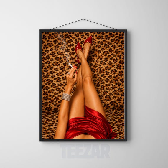 Glamorous Red Dress Leopard Print Poster Bold Woman Wall Art Modern Luxury Decor