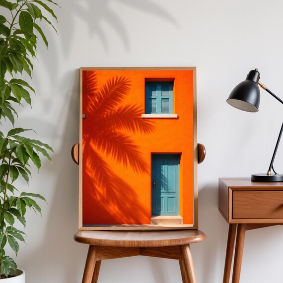 Bright Orange Wall Poster Teal Blue Door and Palm Shadow Coastal Art