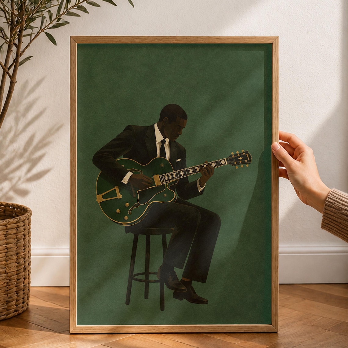 Retro Jazz Guitarist Emerald Green Suit Soul Musician Art Poster