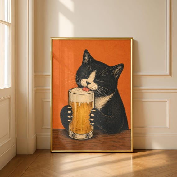 Japanese Cat Beer Poster Retro Asian Style Print Funny Animal Wall Art