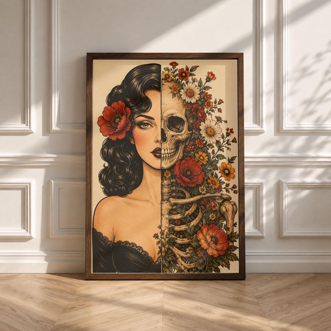 Woman Skeleton Floral, Vintage Gothic Botanical Print