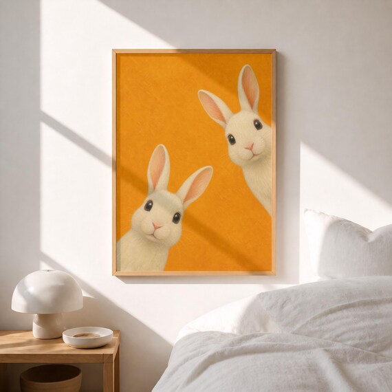 Two Cute White Bunnies Peeking Orange Modern Nursery Wall Poster