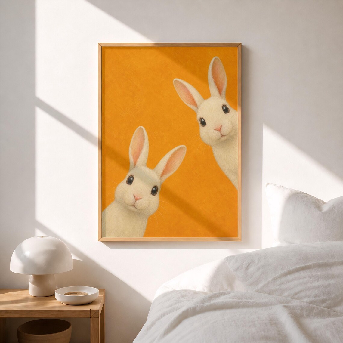 Two Cute White Bunnies Peeking Orange Modern Nursery Wall Poster