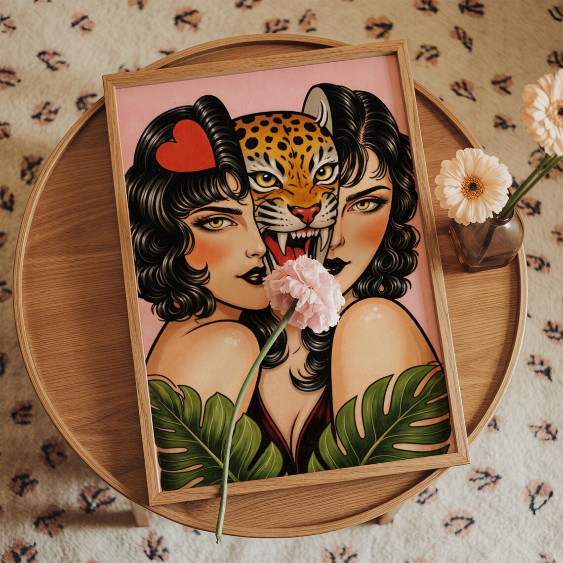Tiger Woman Retro Tattoo Style Pin Up Edgy Fierce Art Poster