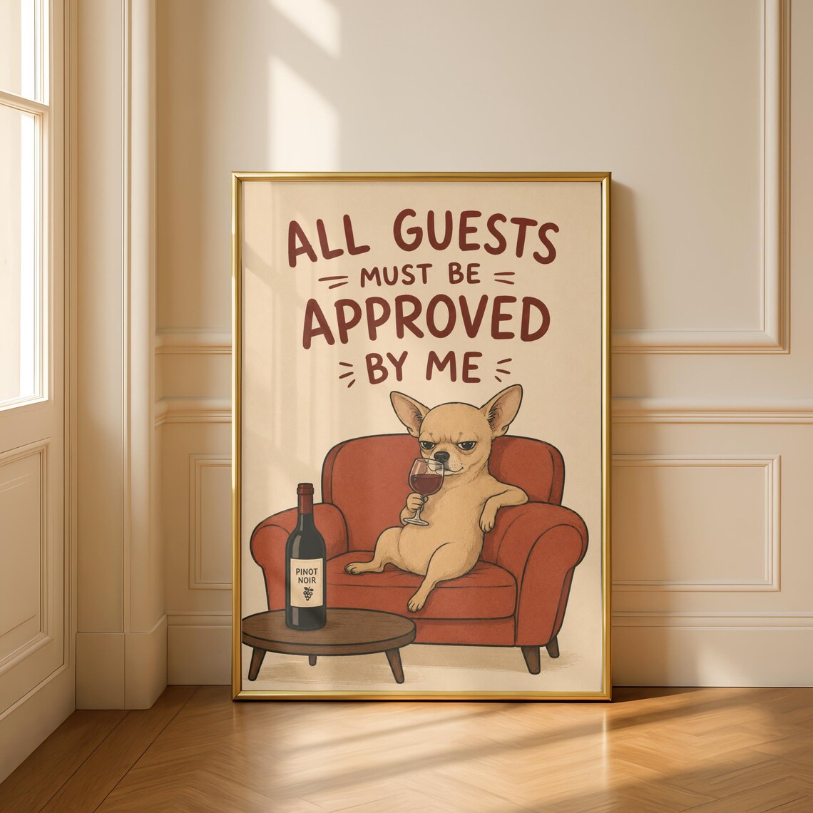 Chihuahua Wine Poster All Guests Must Be Approved Retro Cartoon Dog Bar Art