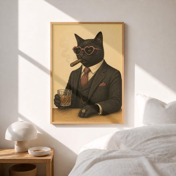 Funny Black Cat Whiskey Print Mafia Wall Art Quirky Bar Decor Download