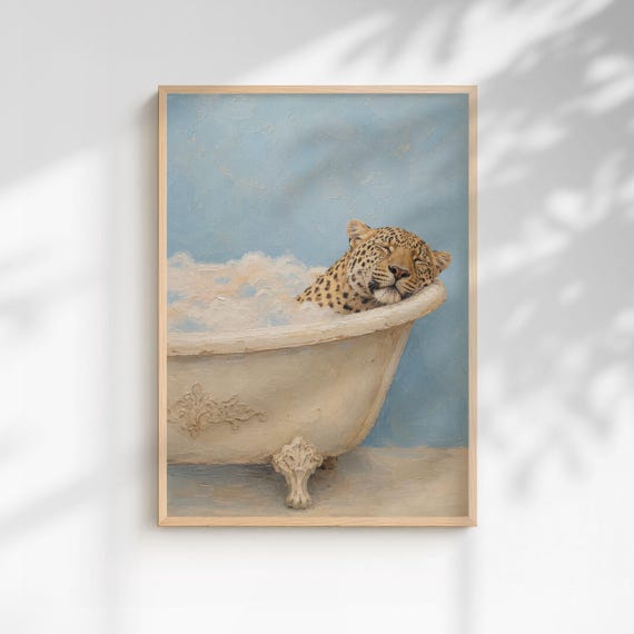 Sleepy Leopard Bathtub Art Whimsical Vintage Clawfoot Tub Print