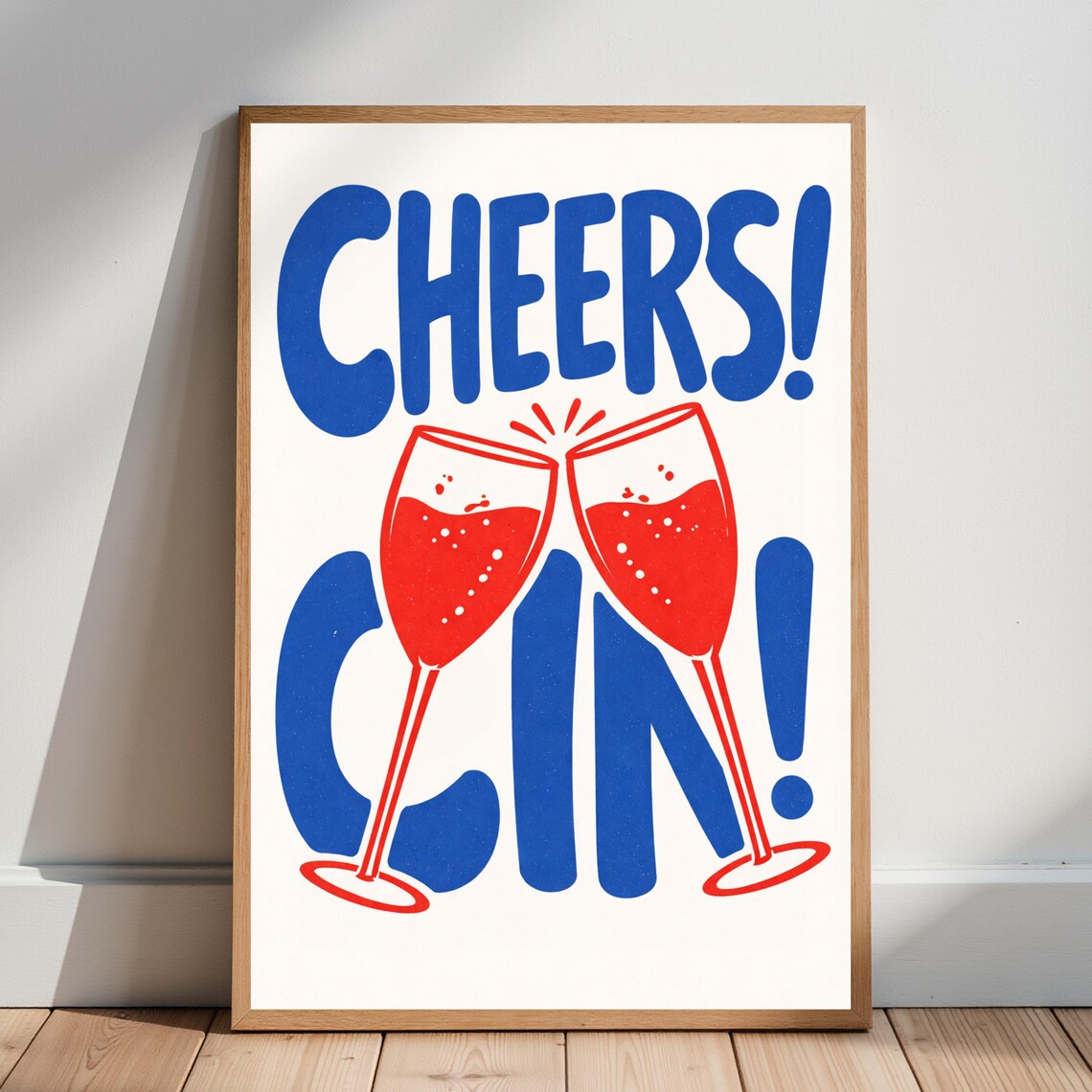 Cheers Cin Cocktail Poster Bold Blue Red Clinking Champagne Glasses Art