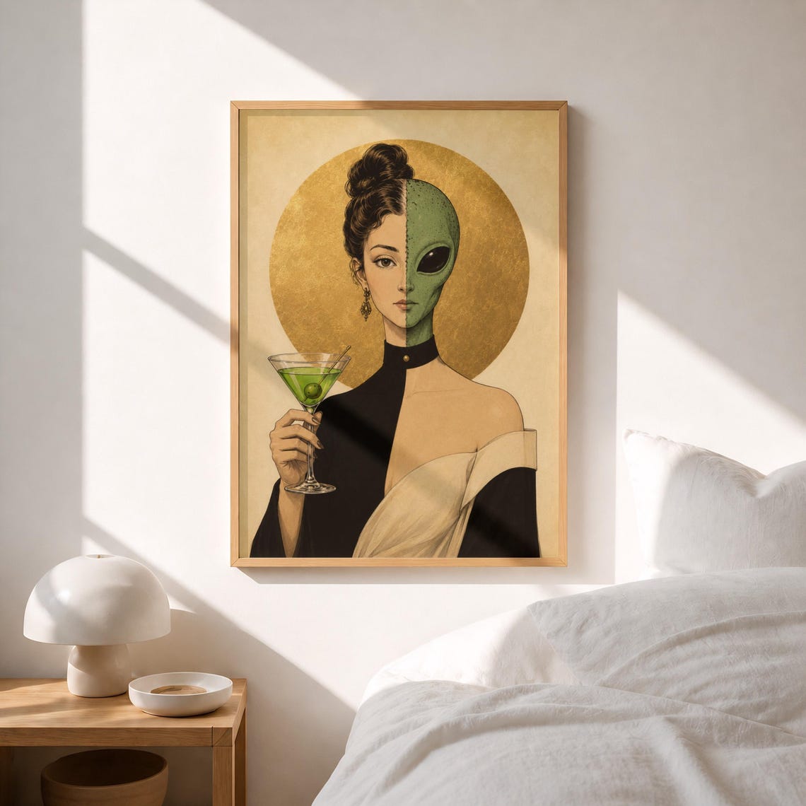 Alien Goddess Martini Poster Surreal Gold Halo Sci Fi Decor Art
