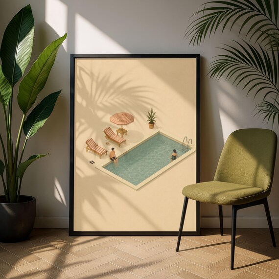 Minimal Swimming Pool Summer Sun Loungers Coastal Art Poster