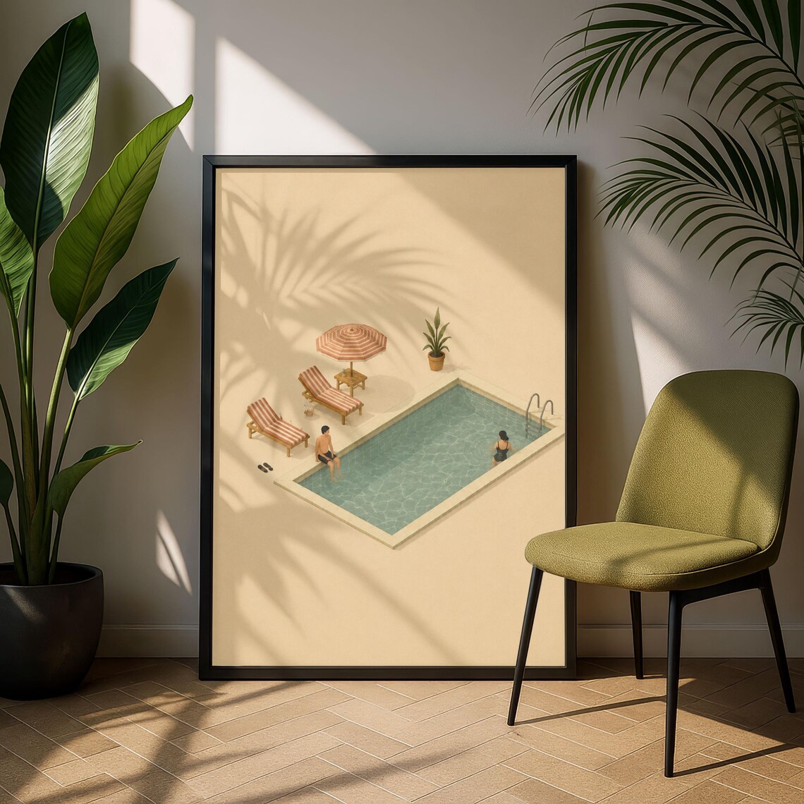Minimal Swimming Pool Summer Sun Loungers Coastal Art Poster