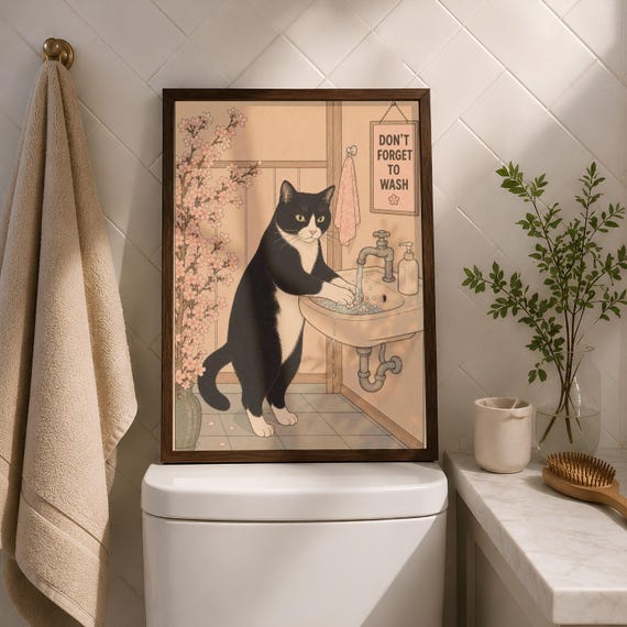 Japanese Black Cat Bathroom Print Cherry Blossom Wash Hands Wall Art