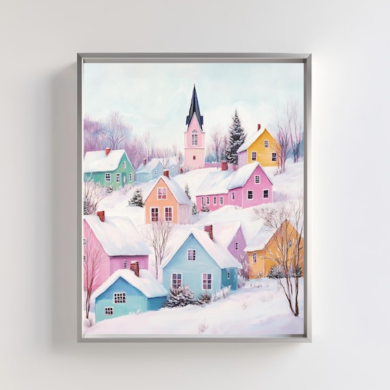 Pastel Snowy Village With Colorful Houses Scandinavian Winter Poster
