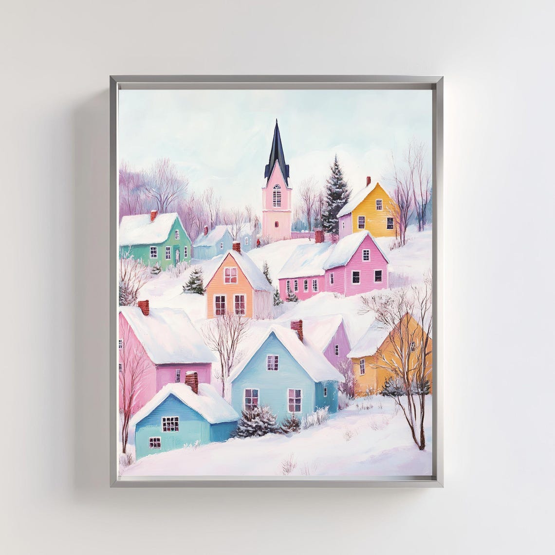 Pastel Snowy Village With Colorful Houses Scandinavian Winter Poster