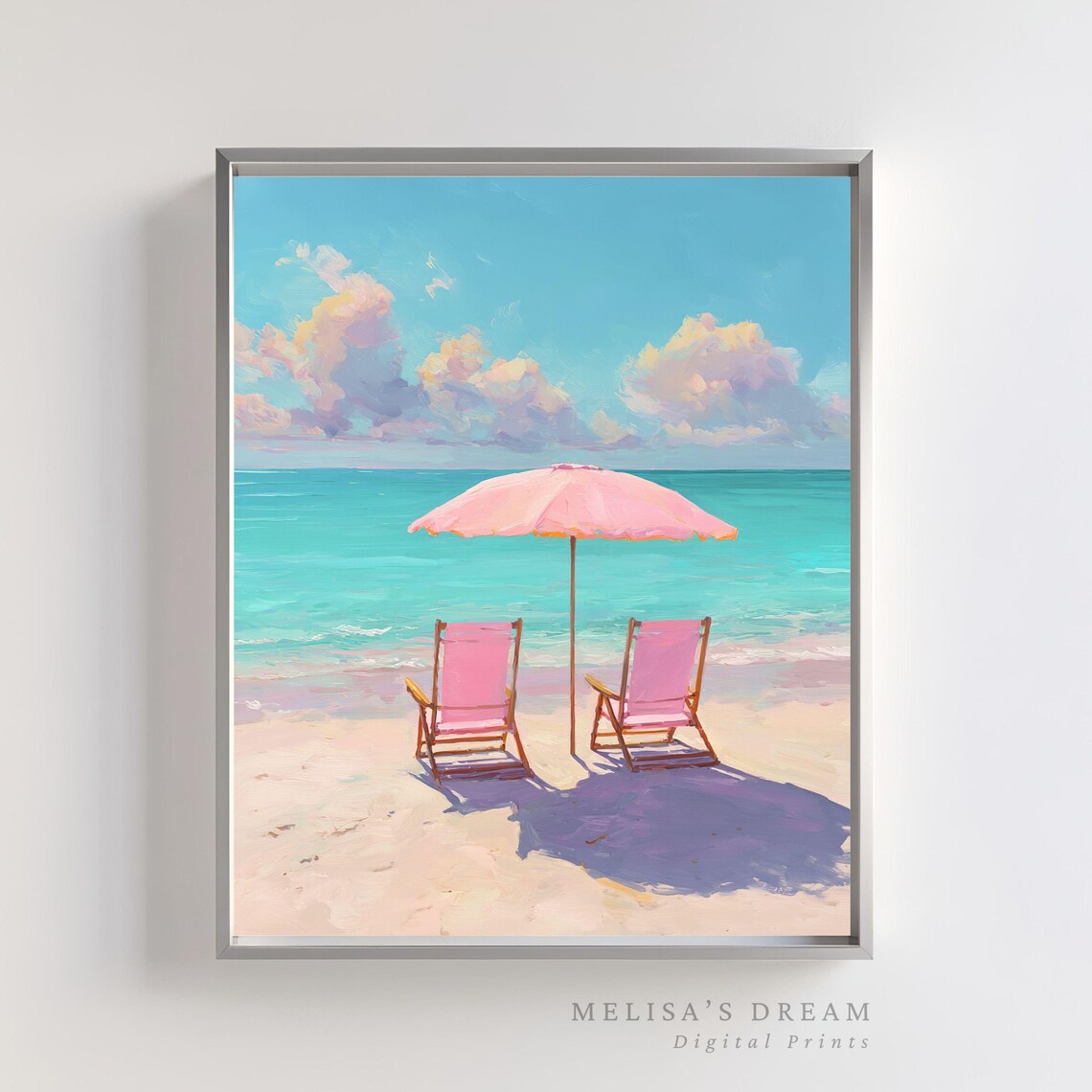 Pink Beach Chairs Coastal Travel Poster, Summer Pastel