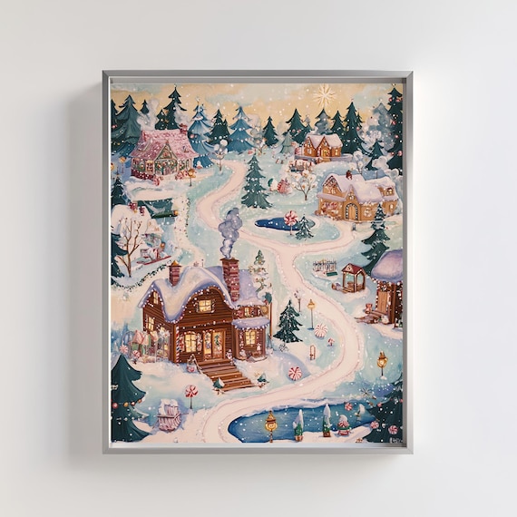 Christmas Village Art Print, Snowy Winter Wonderland