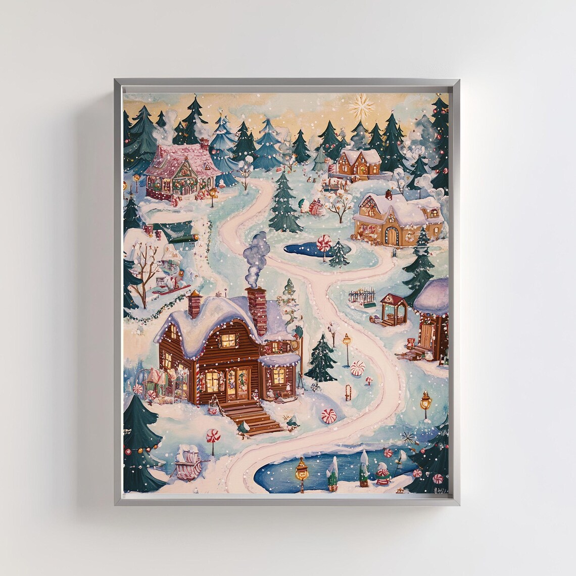 Christmas Village Art Print, Snowy Winter Wonderland