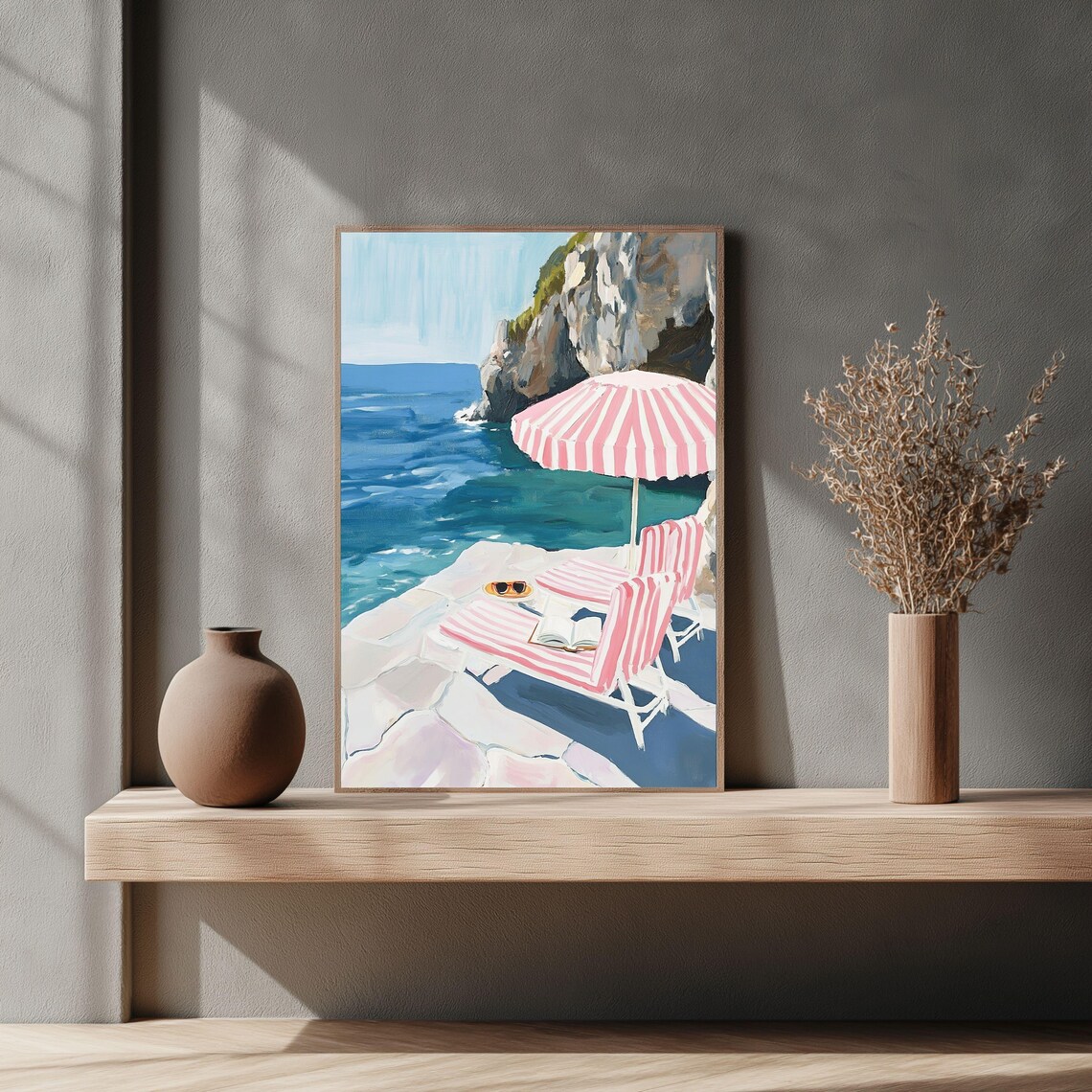 Pink Striped Umbrella And Chairs On Rocky Cliff Beach Art Poster - Image 2