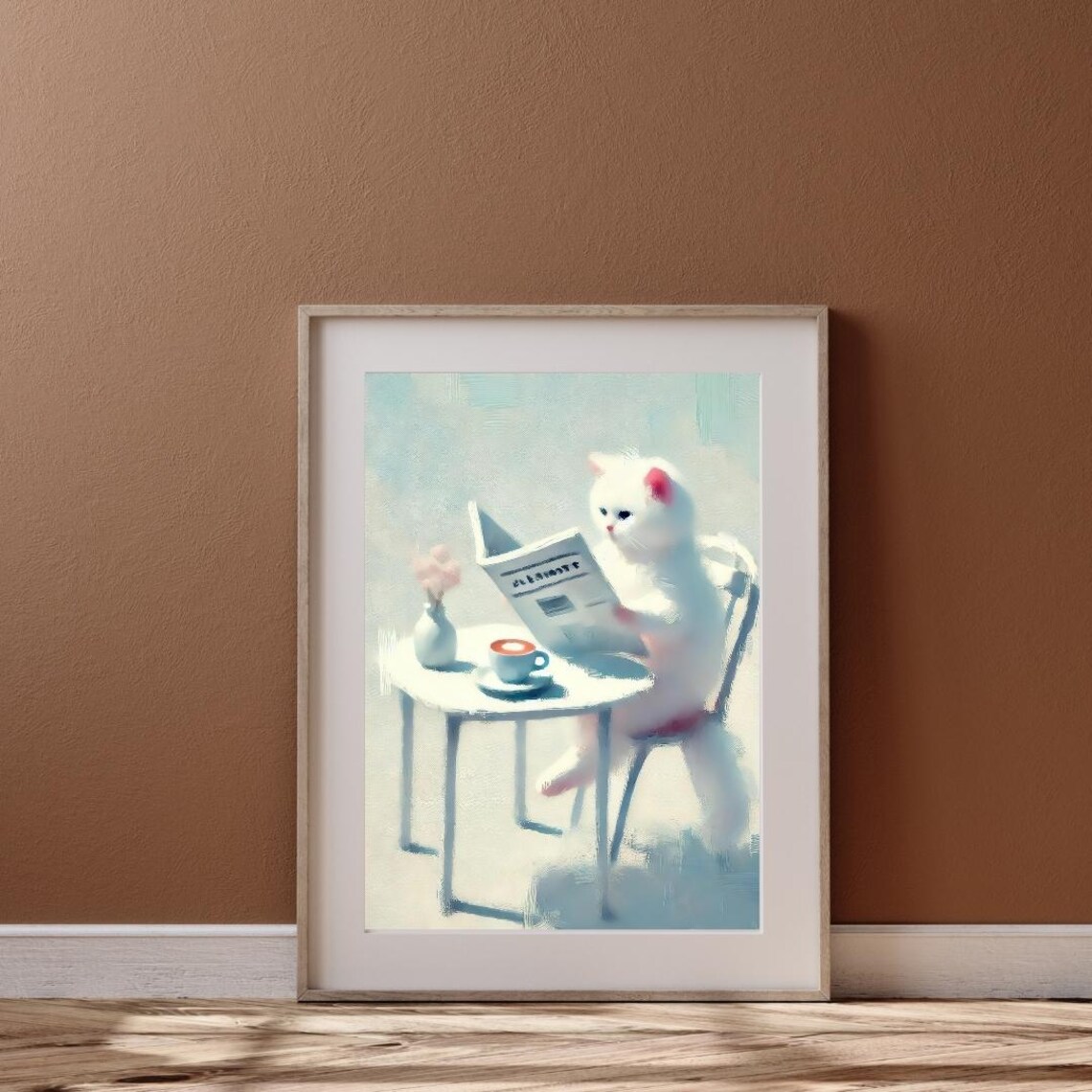 Dreamy White Cat Reading Newspaper at Blue Cafe Animal Poster - Image 3