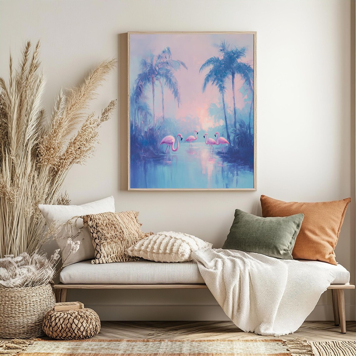 Tropical Flamingo, Boho Jungle Landscape Art Print - Image 2