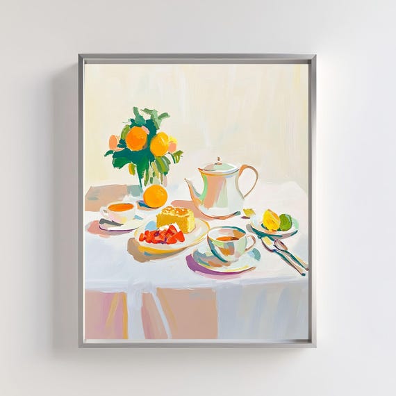 Retro Breakfast Poster Breakfast Table Wall Art Print Vibrant Tea Party Still Life Pastel Kitchen Decor Fruit And Dessert Painting