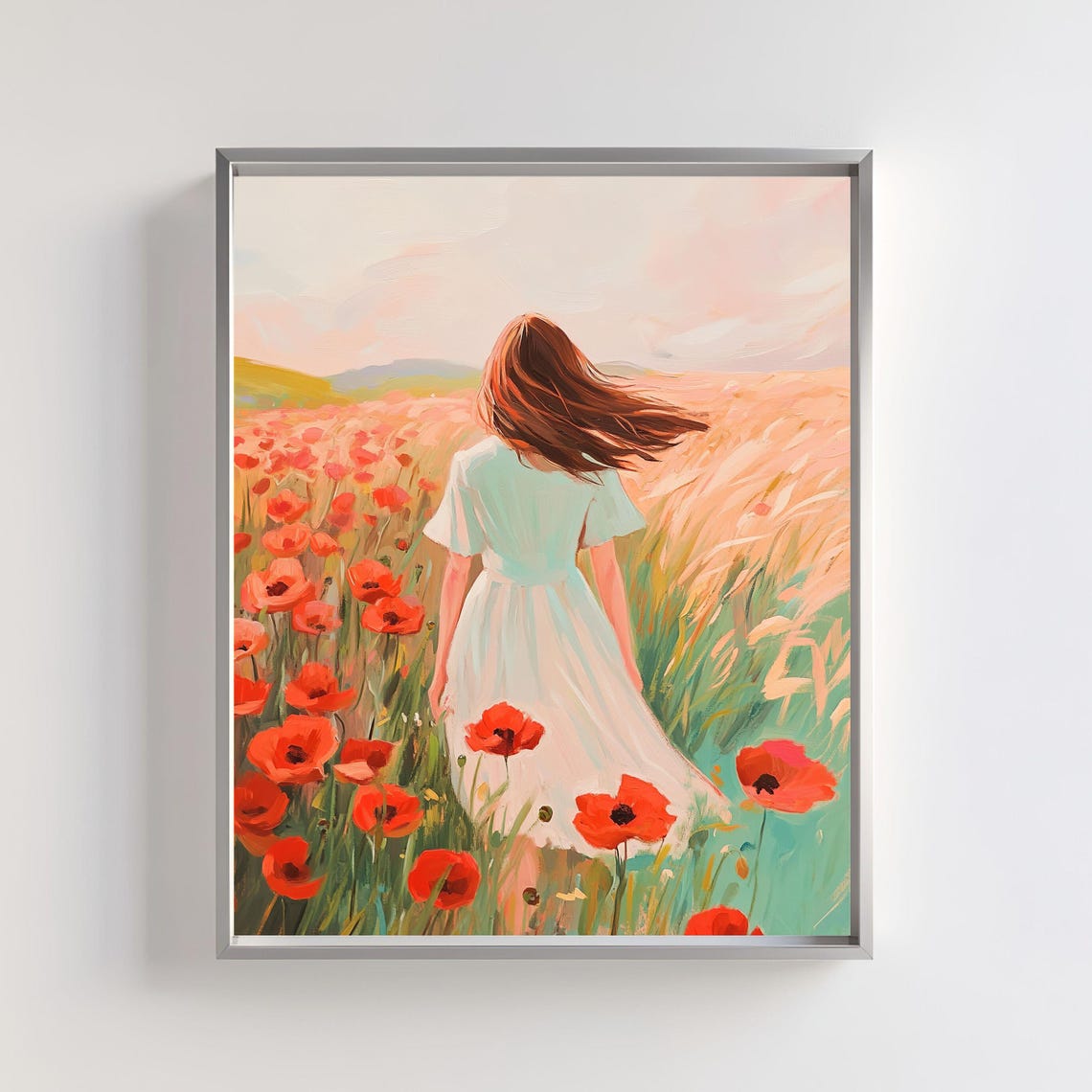 Woman In Wheat Field With Red Poppies Wildflower Landscape Painting Dreamy Floral Wall Art Farmhouse Meadow Nature Scene Illustration