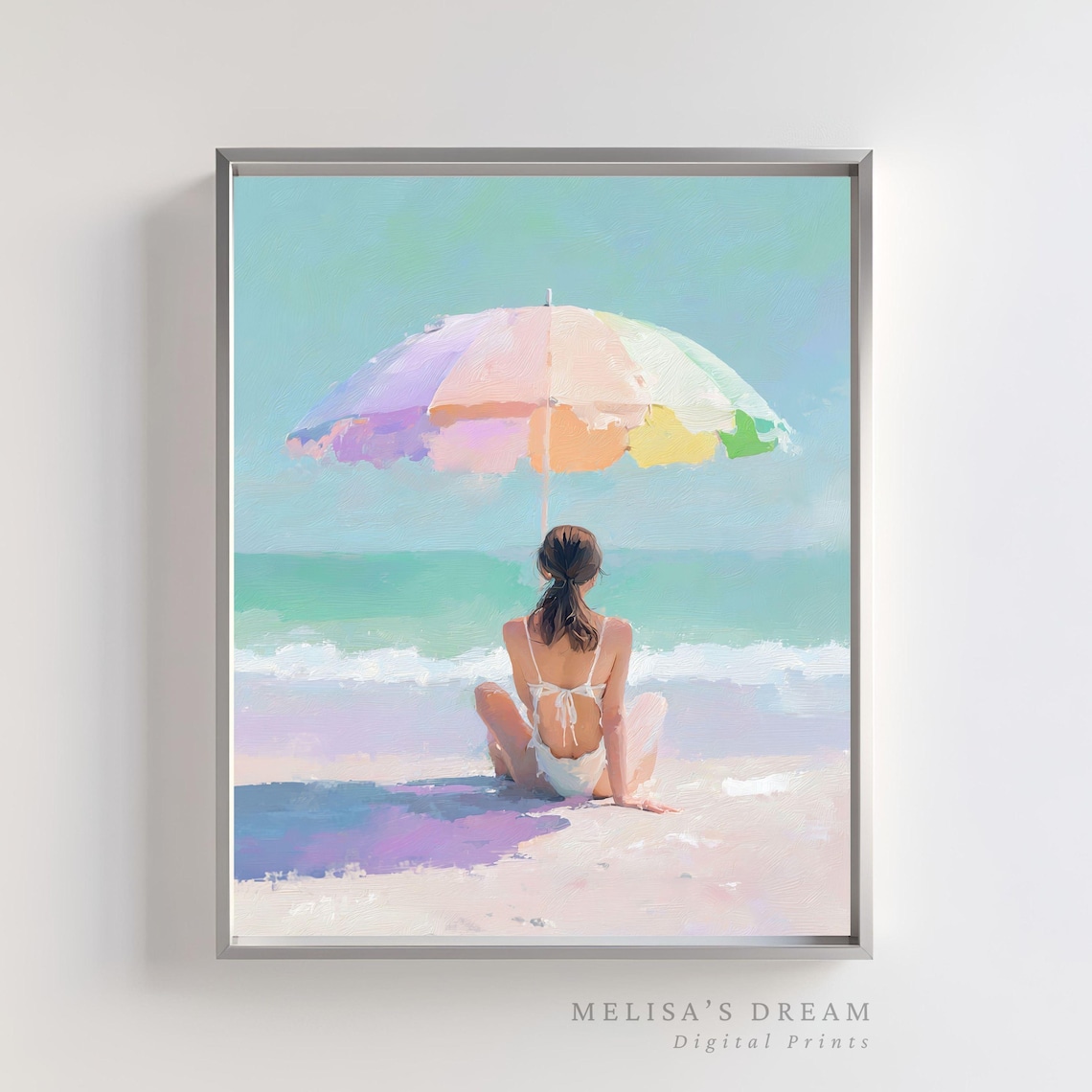 Woman on the Beach Under Rainbow Umbrella Pastel Ocean Painting Poster