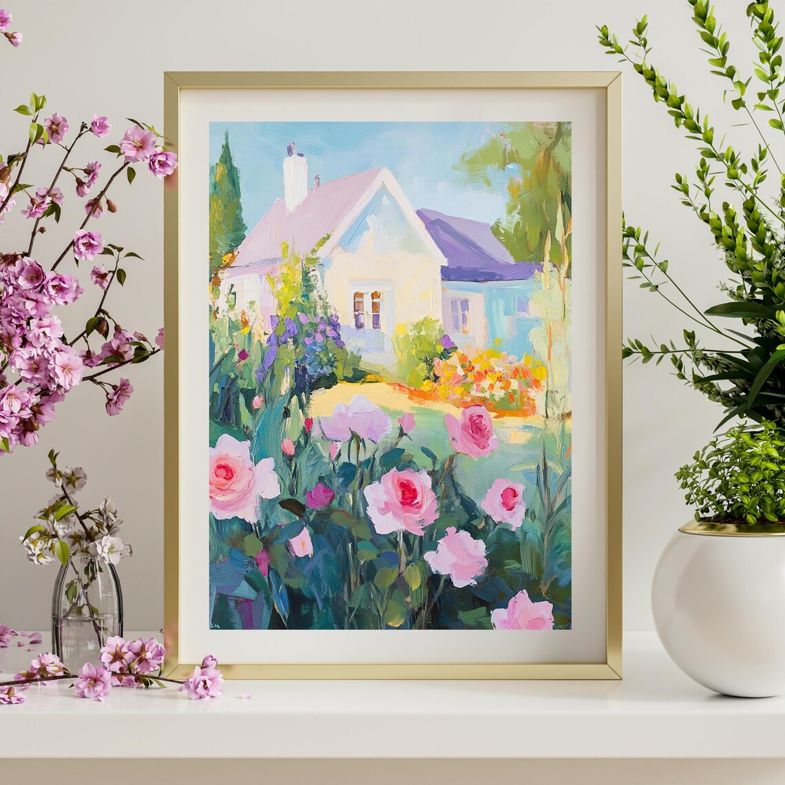 Pink Roses Blooming In Sunny Cottage Garden Summer Art Poster - Image 3