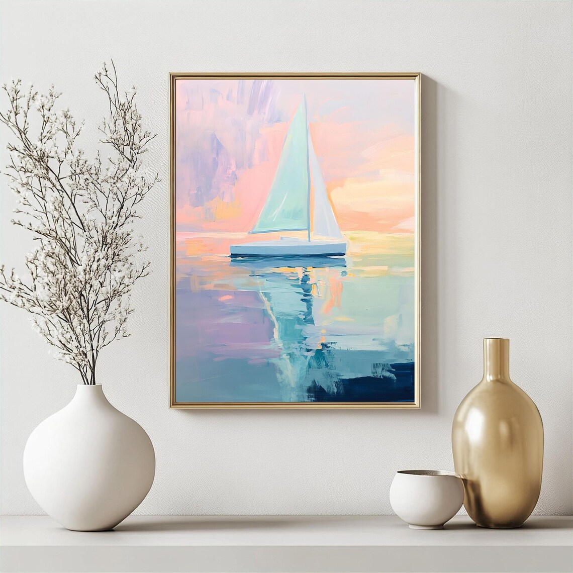 Abstract Ocean Paint Pastel Sailboat, Coastal Art - Image 3