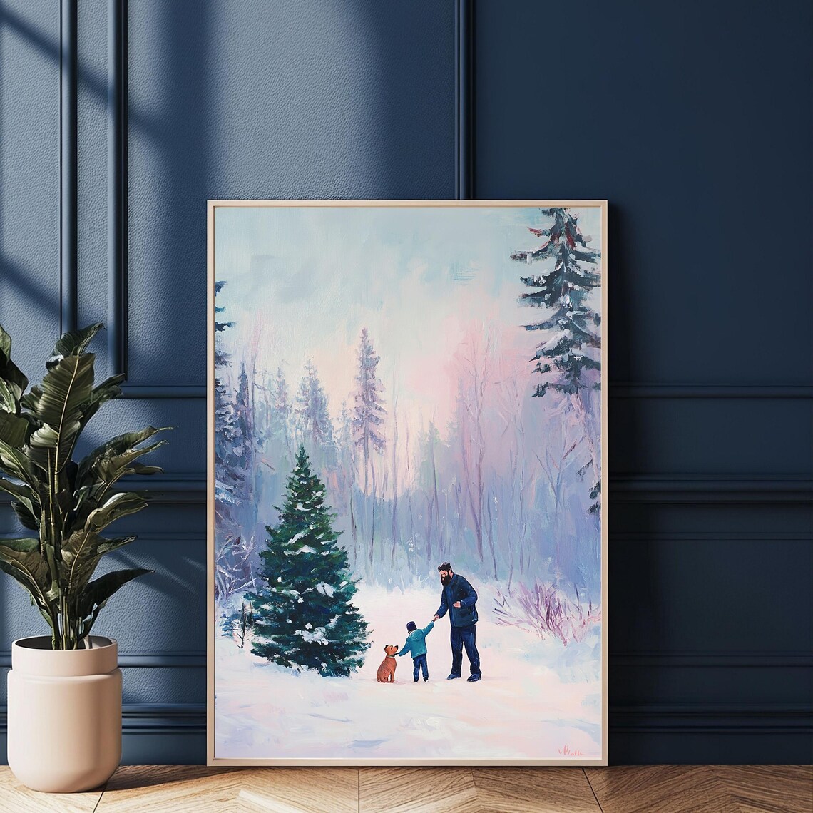 Father And Child Picking Christmas Tree With Dog In Snow Art Poster - Image 3