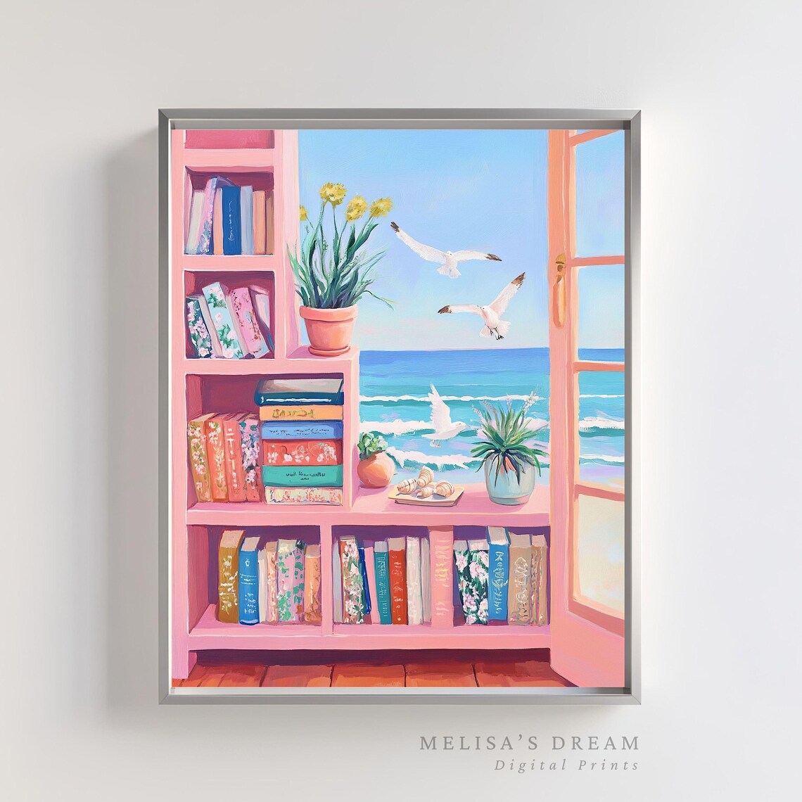 Coastal Beach Bookshelf Pastel Art Print