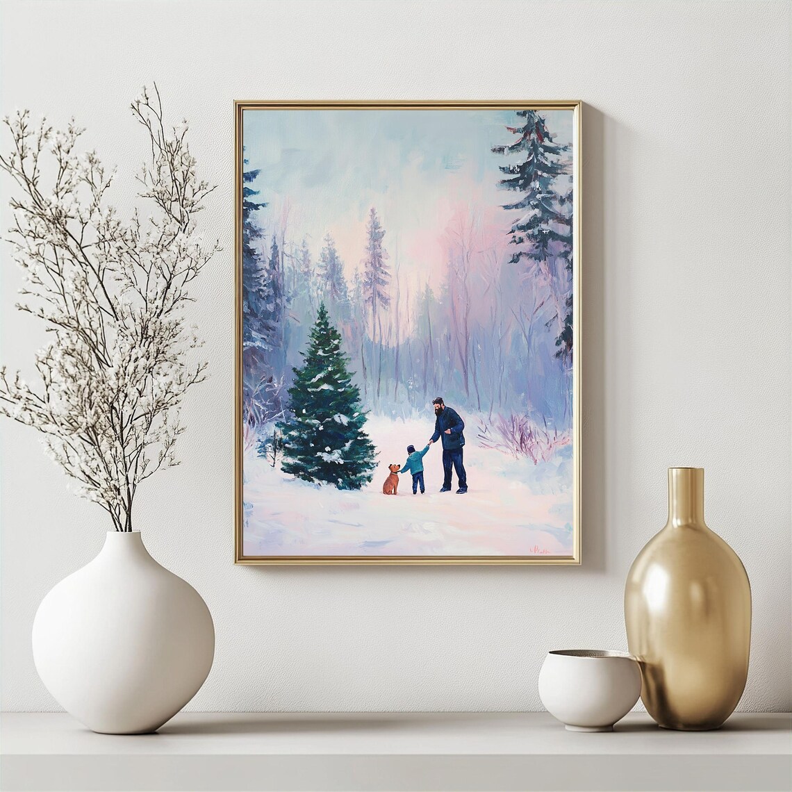 Father And Child Picking Christmas Tree With Dog In Snow Art Poster - Image 2