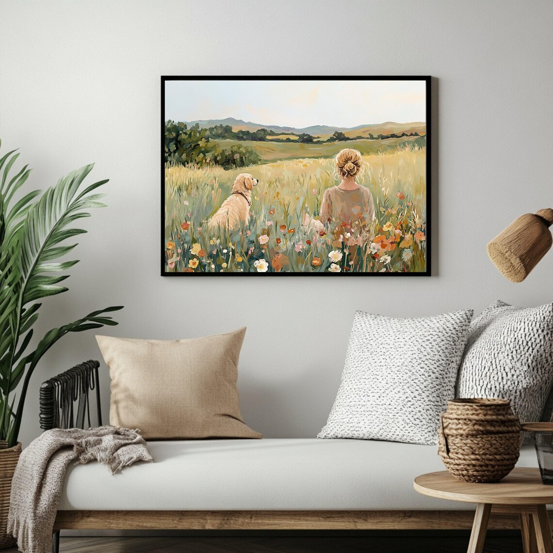 Girl And Golden Retriever in Wildflower Field Art Print - Image 3