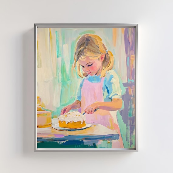 Girl Baking Art Print, Whimsical Kitchen Scene