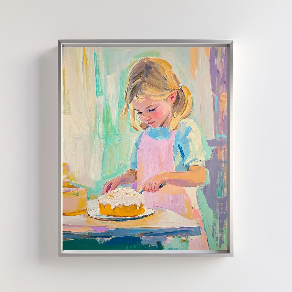 Girl Baking Art Print, Whimsical Kitchen Scene