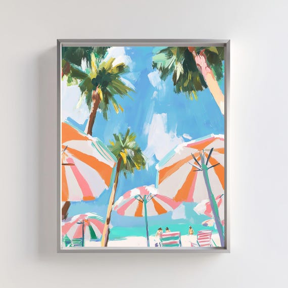 Orange Striped Beach Umbrella, Tropical Coastal Art Print