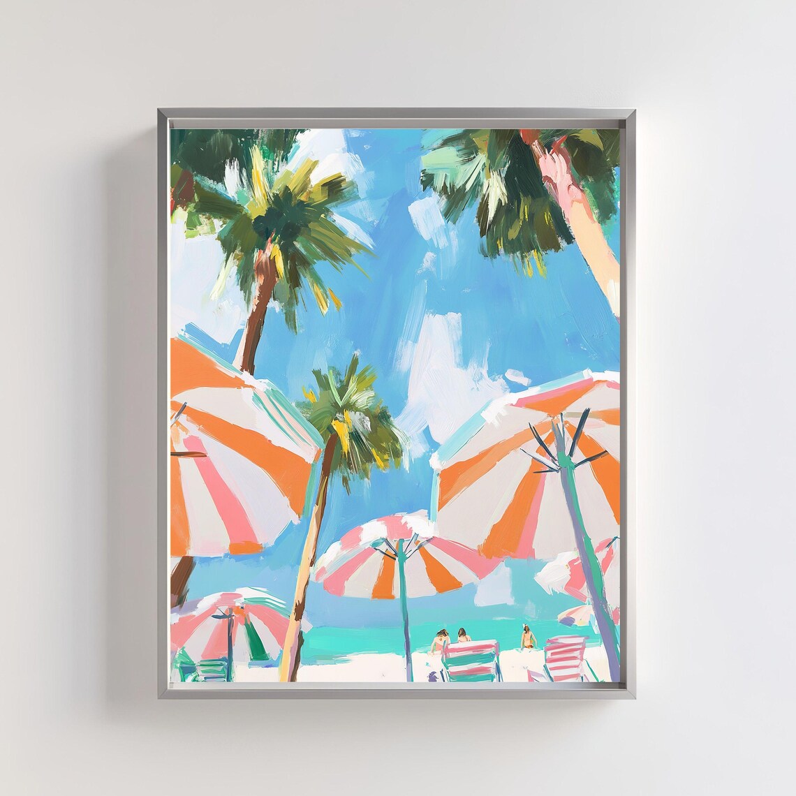 Orange Striped Beach Umbrella, Tropical Coastal Art Print