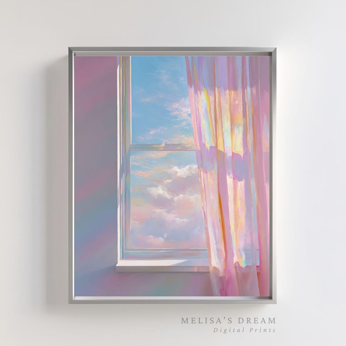 Pastel Pink Curtains Open Window with Dreamy Cloud Sky Poster