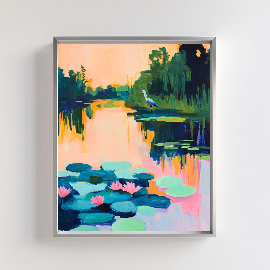 Sunset Marsh White Heron Among Lily Pads Impressionist Landscape Poster