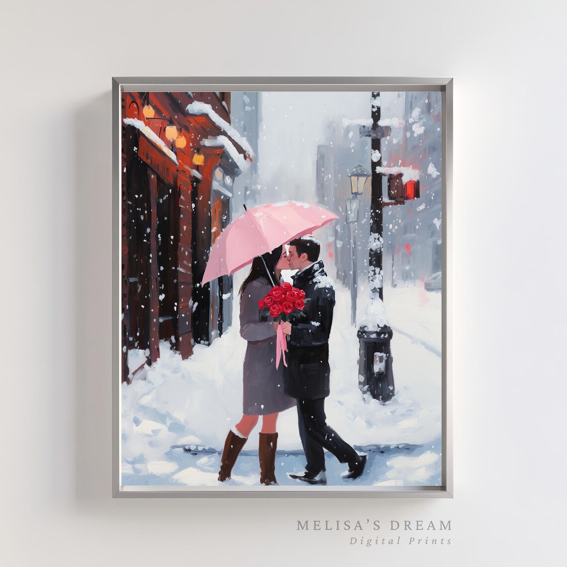 Romantic Winter Couple Kissing In Snow, Art Print