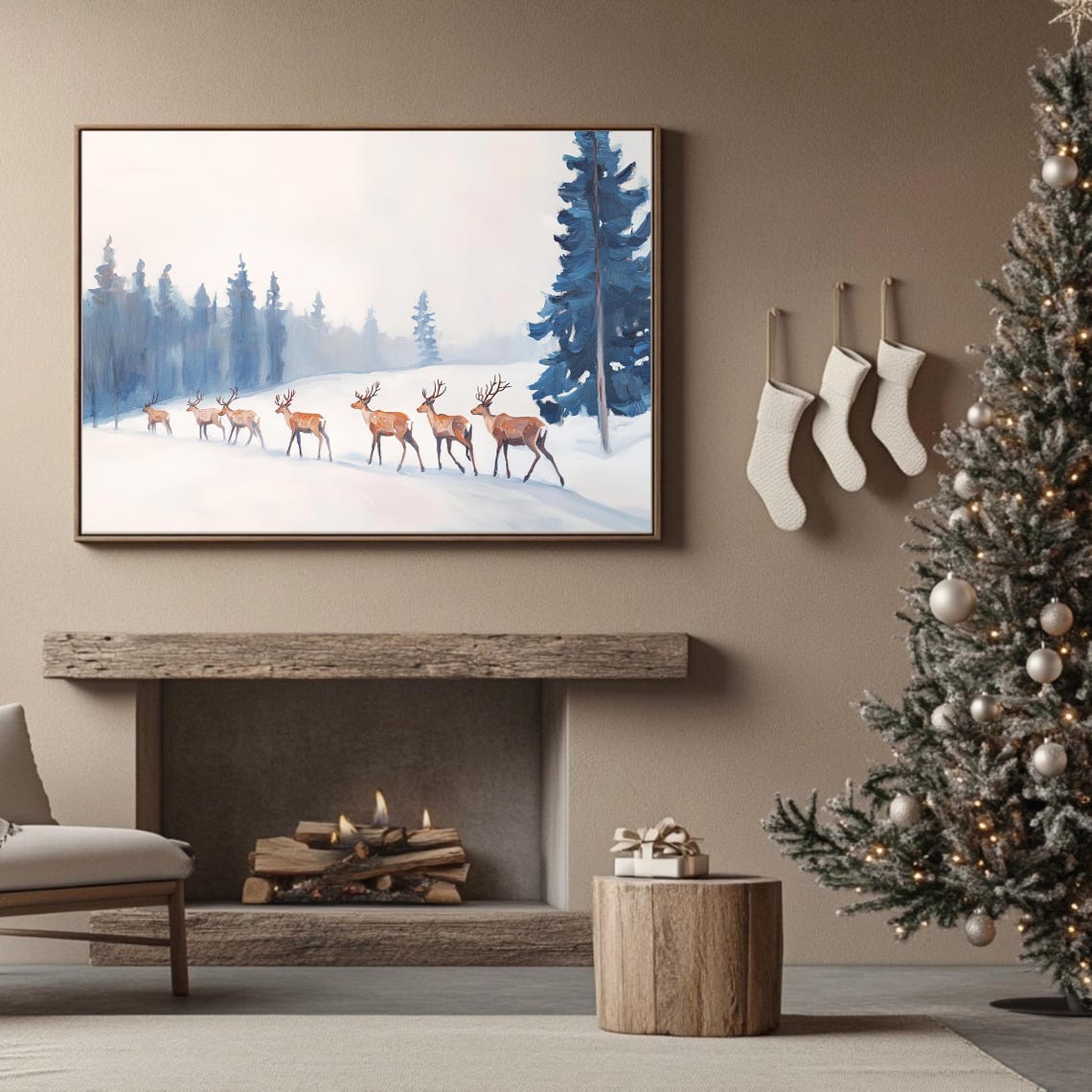 Reindeer Herd Crossing A Snowy Forest Blue Winter Wildlife Poster - Image 3