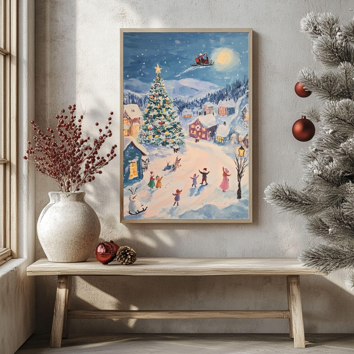 Christmas Village, Santa Sleigh Holiday Decor Art Print - Image 2