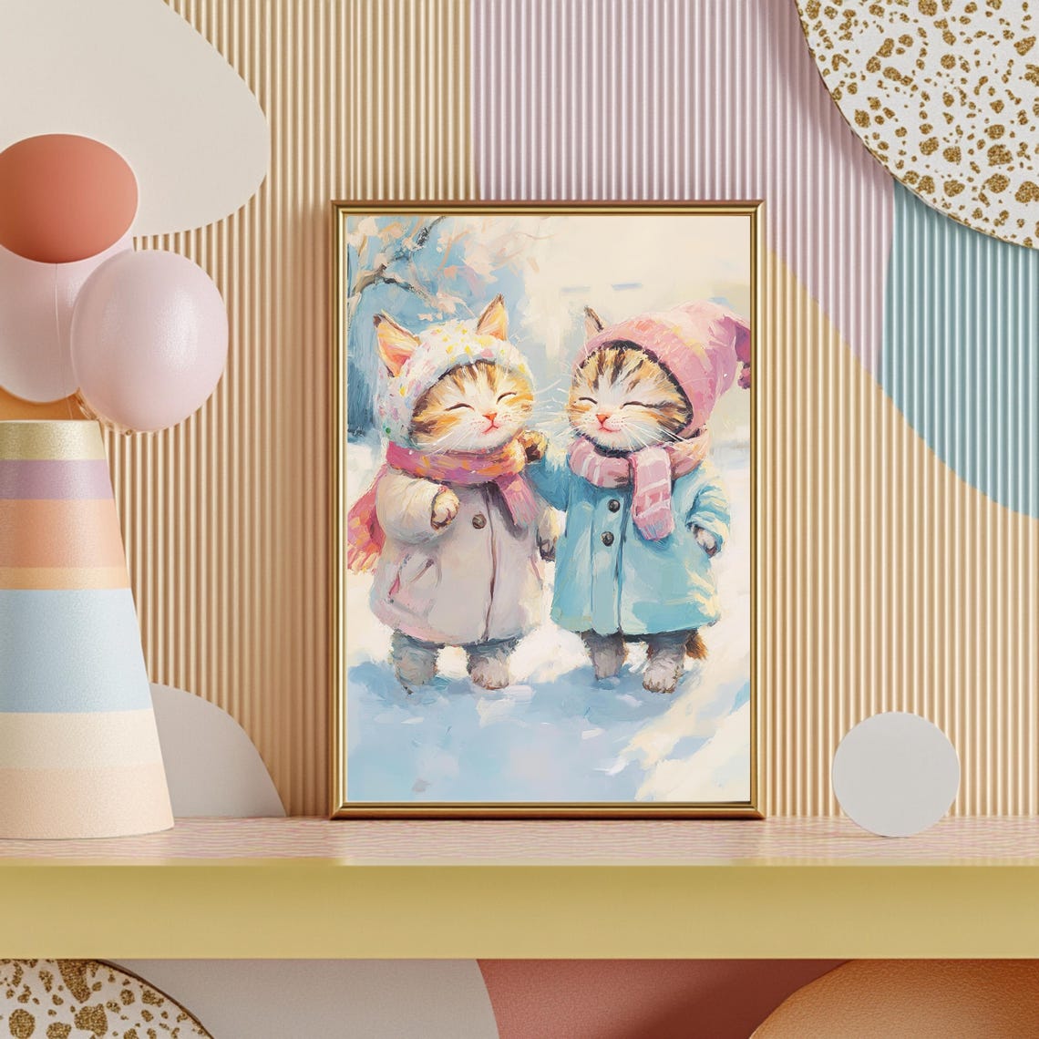Two Cute Kittens In Winter Coats Strolling Through Snow Art Poster - Image 2