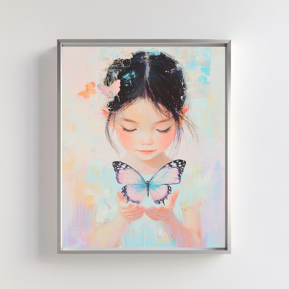 Girl Holding Giant Butterfly Pastel Dreamy Nursery Art Poster