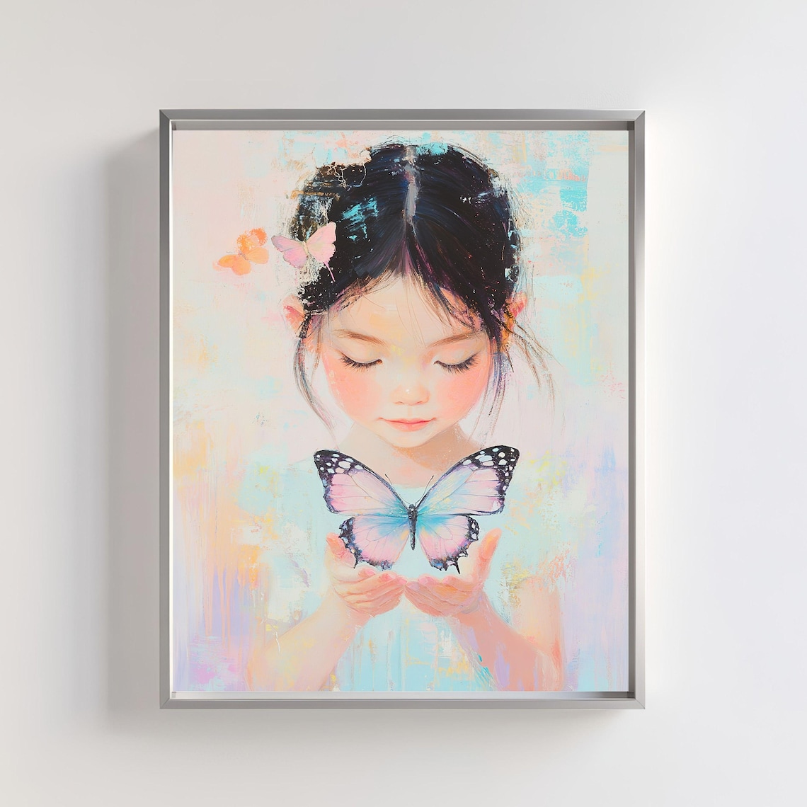 Girl Holding Giant Butterfly Pastel Dreamy Nursery Art Poster